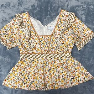 Lost + Wander White Floral Peplum Top with Yellow, Orange & Green Print
